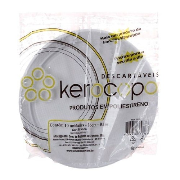 PRATO PLASTICO RASO BRANCO 26CM C/10 KEROCOPO